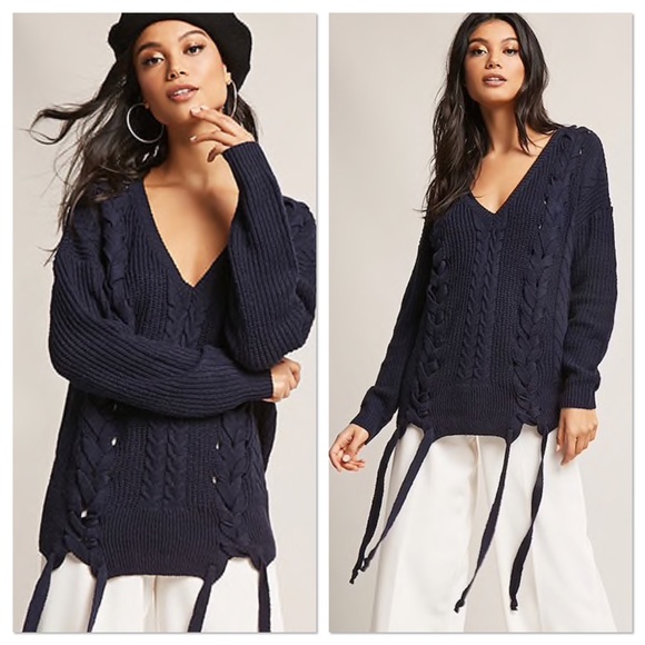 Lavender Moon Sweaters - 💣 MAJOR SALE! Navy Front Lace Up Sweater